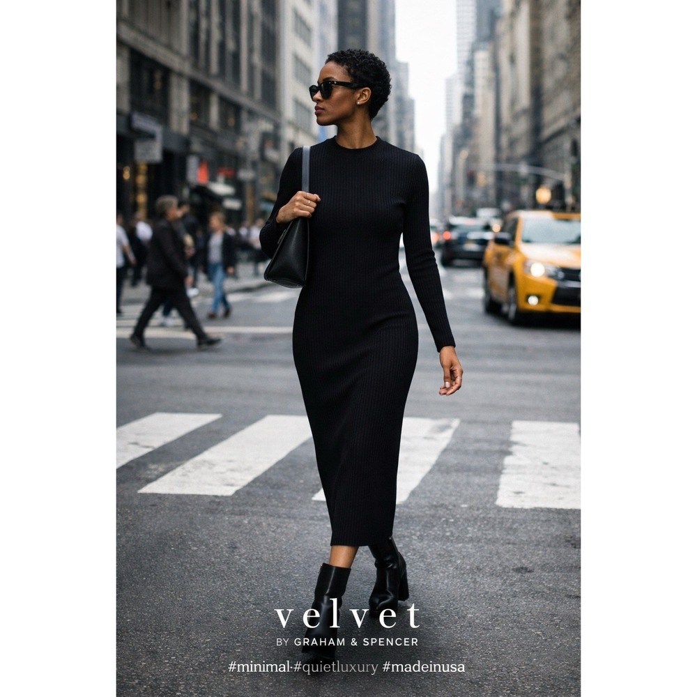 Velvet Graham Spencer Ribbed Midi Dress Black Stretch Crew Neck S Minimalist